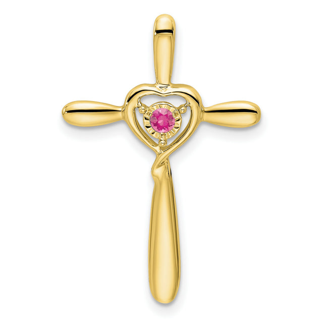 Pink Tourmaline Cross with Heart Chain Slide Charm Pendant in Real 10k Yellow Gold
