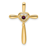 Rhodolite Garnet Cross with Heart Chain Slide Charm Pendant in Real 10k Yellow Gold
