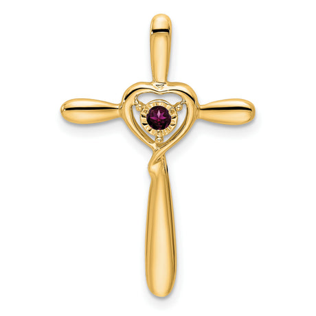 14k Yellow Gold Cross Pendant with Rhodolite Garnet Heart, Spiritual Twist Design