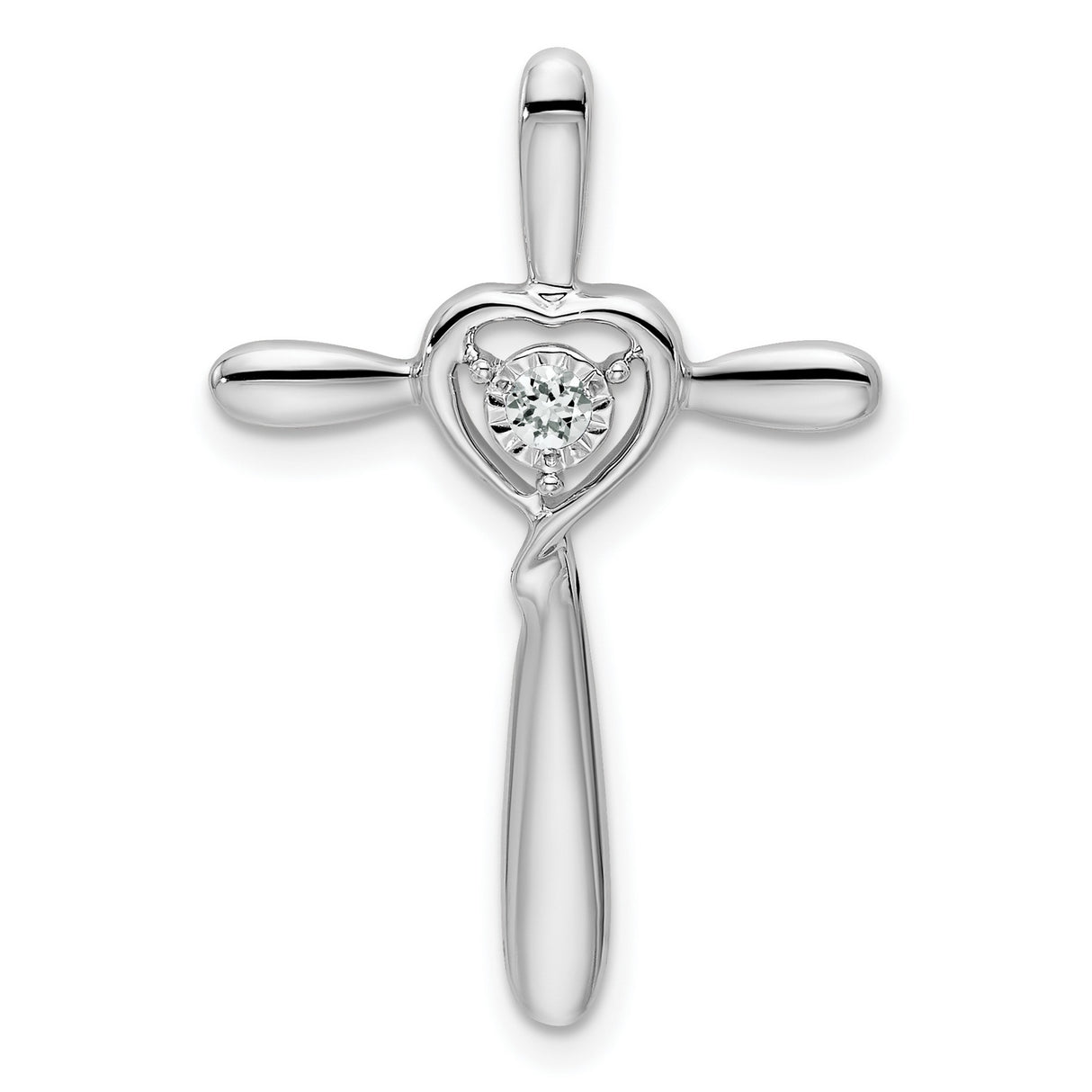 White Topaz Cross with Heart Chain Slide Charm Pendant in Real 10k White Gold