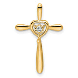 14k Yellow Gold Cross Pendant with White Topaz and Heart Accent, Religious Charm for Men and Women