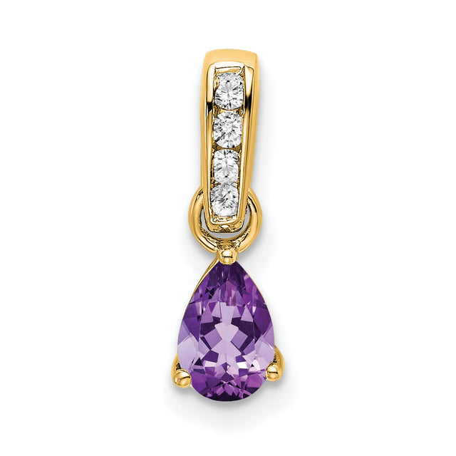14k Yellow Gold Amethyst Pendant with Diamond Accents, Pear Shape Charm for Women