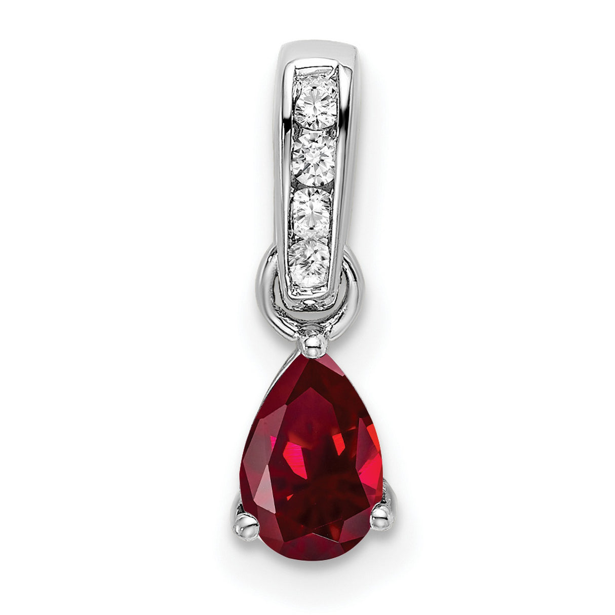 10k White Gold Pendant with Pear Shaped Lab Created Ruby and Diamond Bail