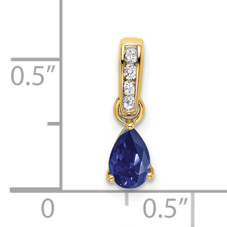 14k Yellow Gold Teardrop Pendant with Pear Shaped Lab Created Blue Sapphire and Diamonds