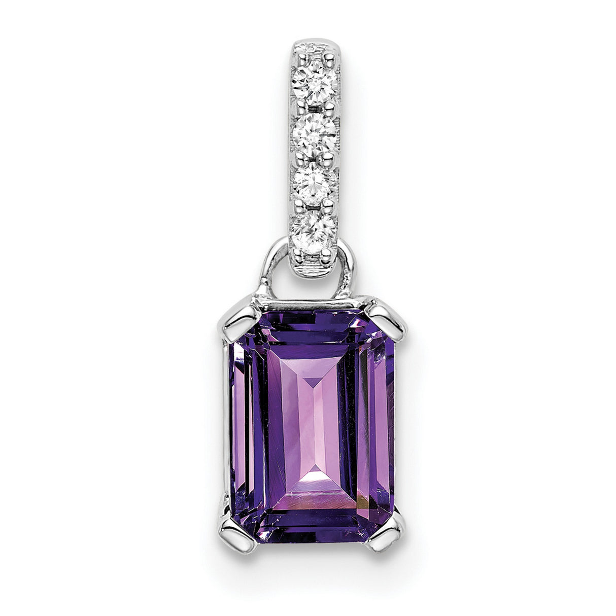 10k White Gold Pendant with Emerald Cut Amethyst and Diamond Accent Bail