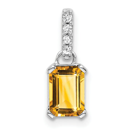 Citrine and Diamond Charm Pendant in Real 14k White Gold