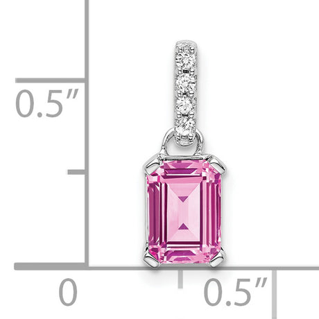 10k White Gold Pendant with Emerald Cut Lab Created Pink Sapphire and Diamond Bail