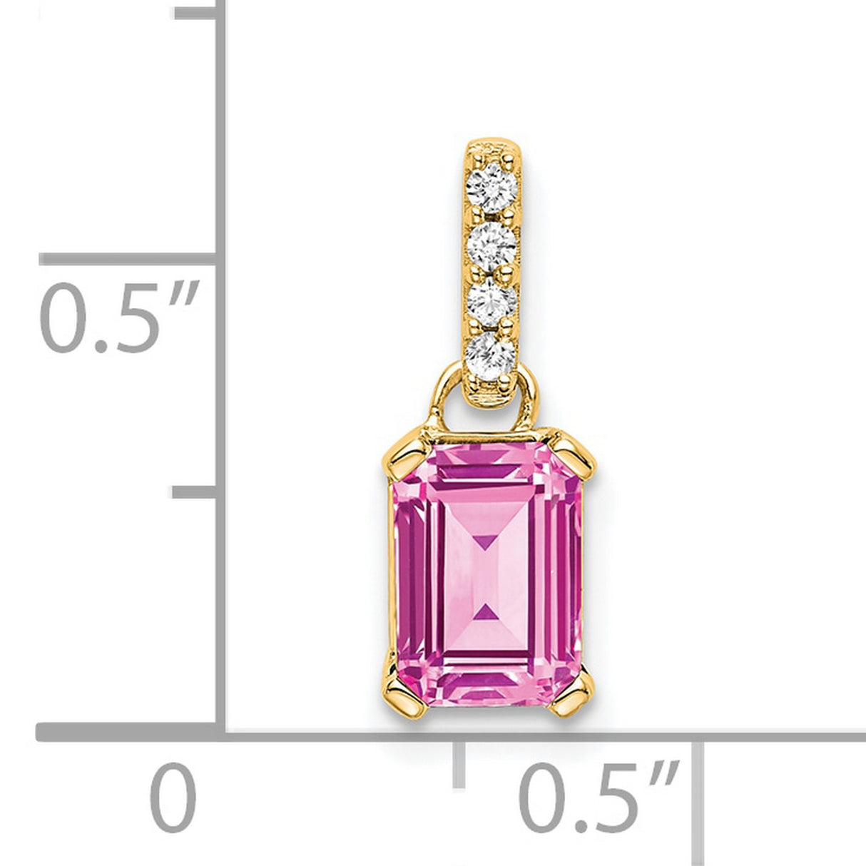 14k Yellow Gold Pendant with Emerald Cut Pink Created Sapphire and Diamond Accent Bail