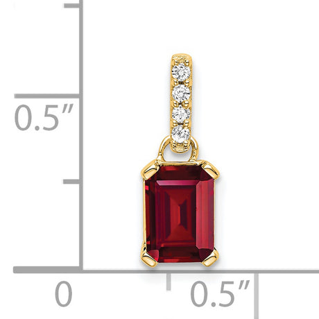 14k Yellow Gold Pendant with Emerald Cut Created Ruby and Diamond Accents, Classic Charm for Women