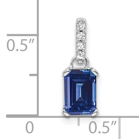 10k White Gold Pendant with Emerald Cut Lab Created Sapphire and Diamond Bail, Classic Design