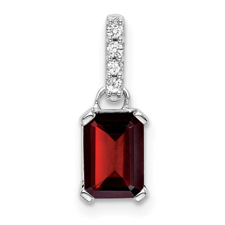 10k White Gold Pendant with Garnet and Diamond Accents, Emerald Cut, January Birthstone