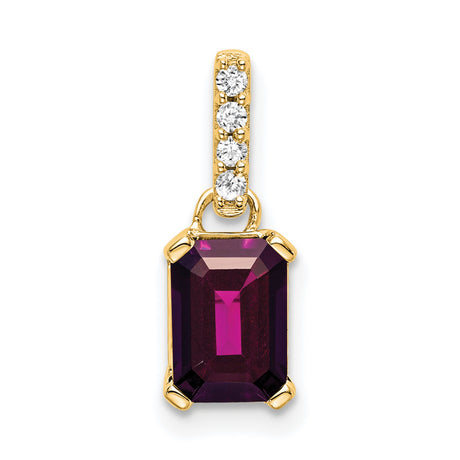 10k Yellow Gold Pendant with Emerald Cut Rhodolite Garnet and Diamond Accents