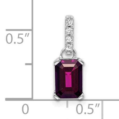 14k White Gold Pendant with Rhodolite Garnet, Emerald Cut and Diamond Accented Bail