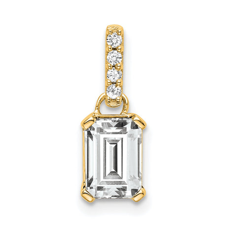 10k Yellow Gold Pendant with Clear Gemstone and White Topaz Accents, Emerald Cut Drop Design