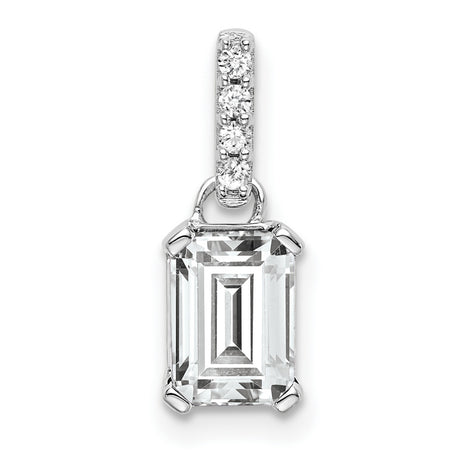 14k White Gold Pendant with Emerald Cut White Topaz and Diamond Accent Bail