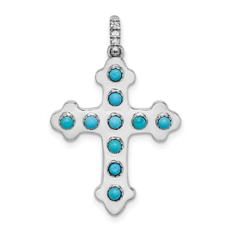 14k White Gold Cross Pendant with Turquoise and White Topaz, Rope Detail, Spiritual Jewelry