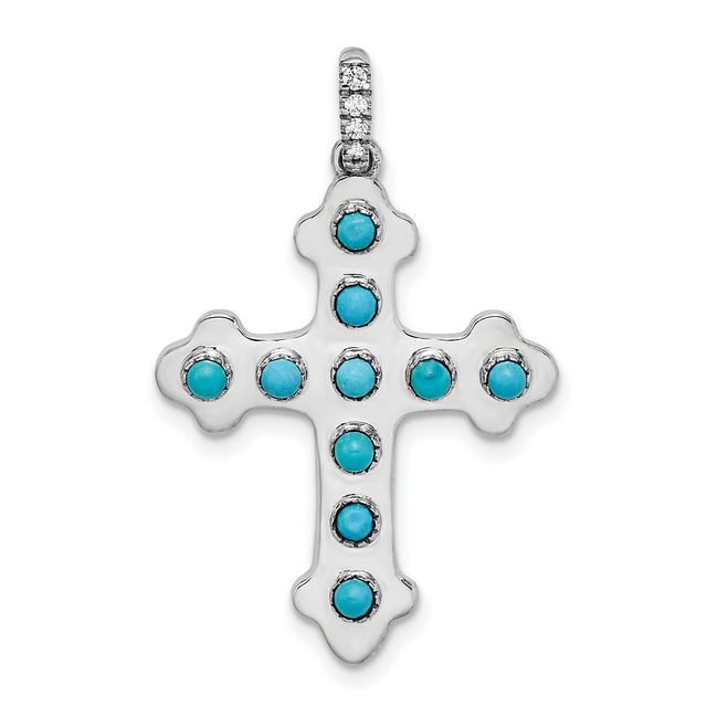 14k White Gold Cross Pendant with Turquoise and White Topaz, Rope Detail, Spiritual Jewelry