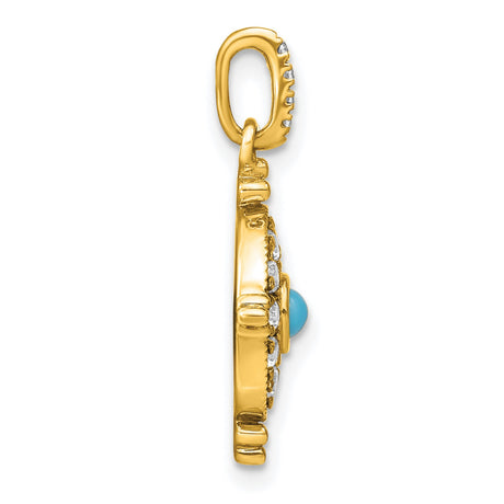 14k Yellow Gold Evil Eye Pendant with Turquoise and Cubic Zirconia, Sunburst Compass Design