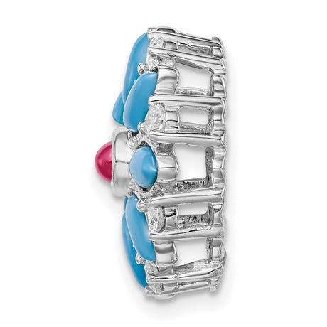 14k White Gold Floral Brooch with Lab Created Ruby, Marquise Turquoise, Diamond Accents