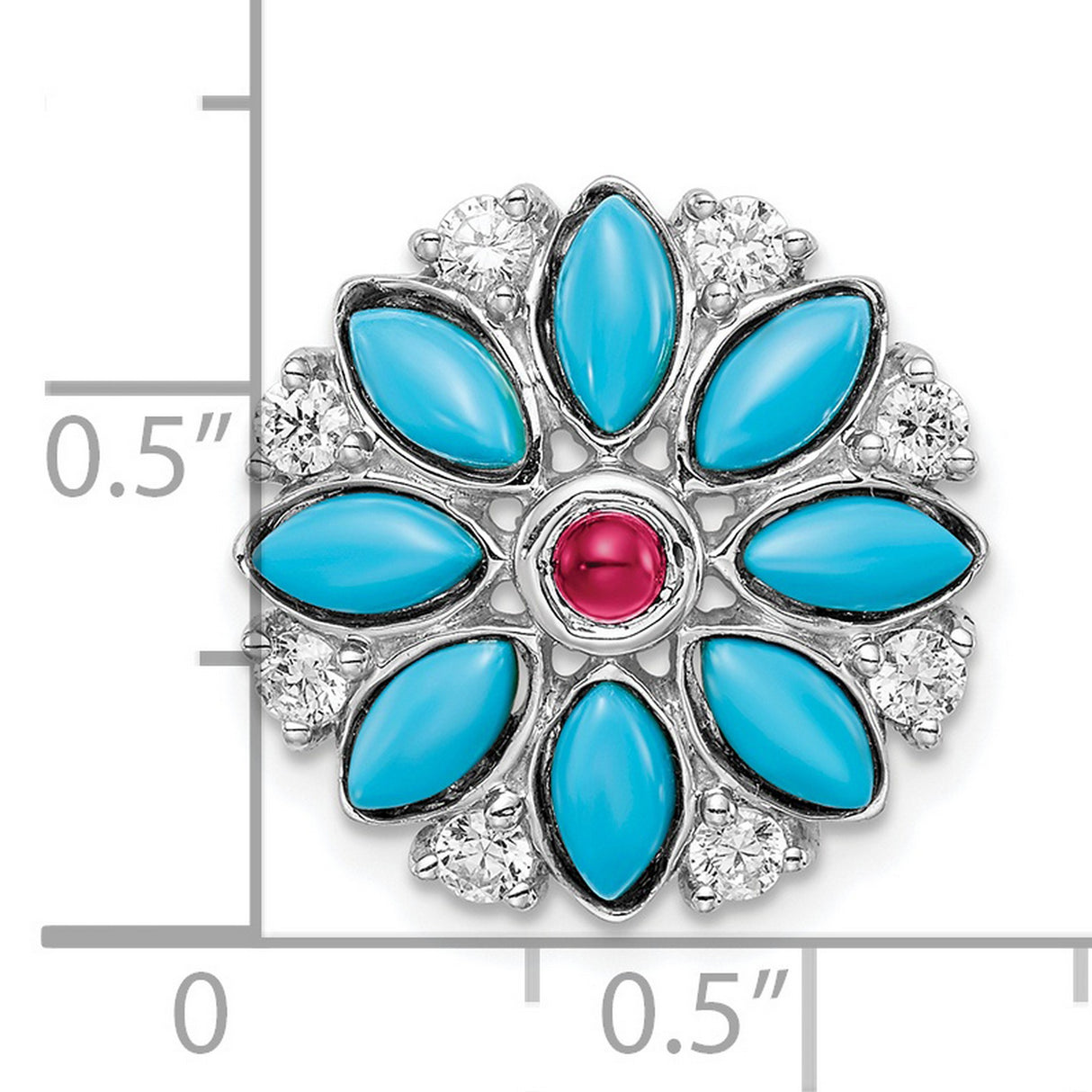 14k White Gold Floral Brooch with Lab Created Ruby, Marquise Turquoise, Diamond Accents