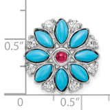 14k White Gold Floral Brooch with Lab Created Ruby, Marquise Turquoise, Diamond Accents