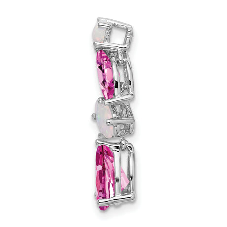 14k White Gold Dangle Earrings with Teardrop Pink Lab Created Sapphires and White Opals
