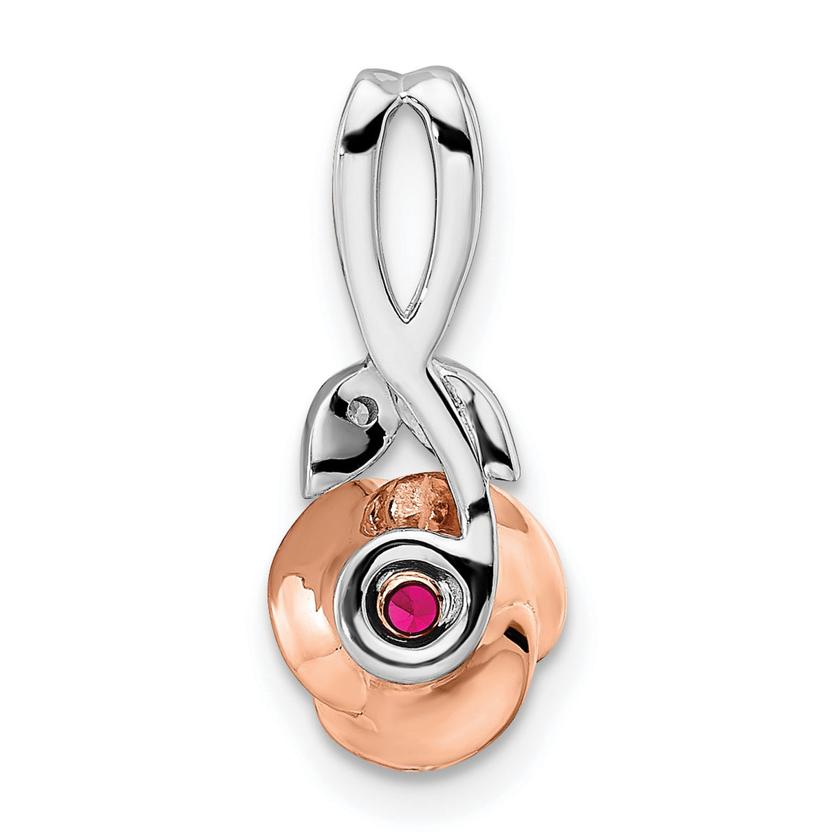 14k Two-Tone Gold Rose Flower Pendant with Ruby and Diamond Leaf Accent