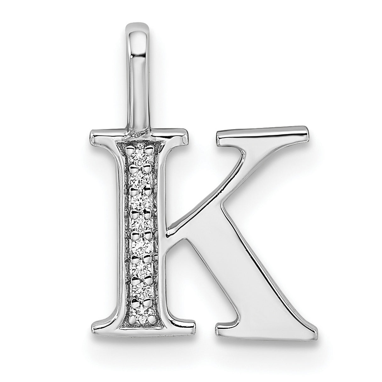 14k White Gold Letter K Pendant with Diamond Accent, Vertical Bar Initial Charm