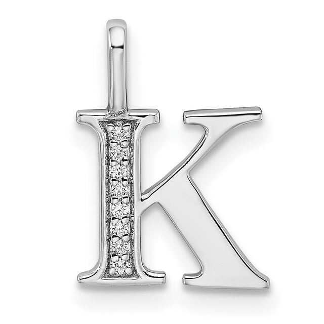 14k White Gold Letter K Pendant with Diamond Accent, Vertical Bar Initial Charm