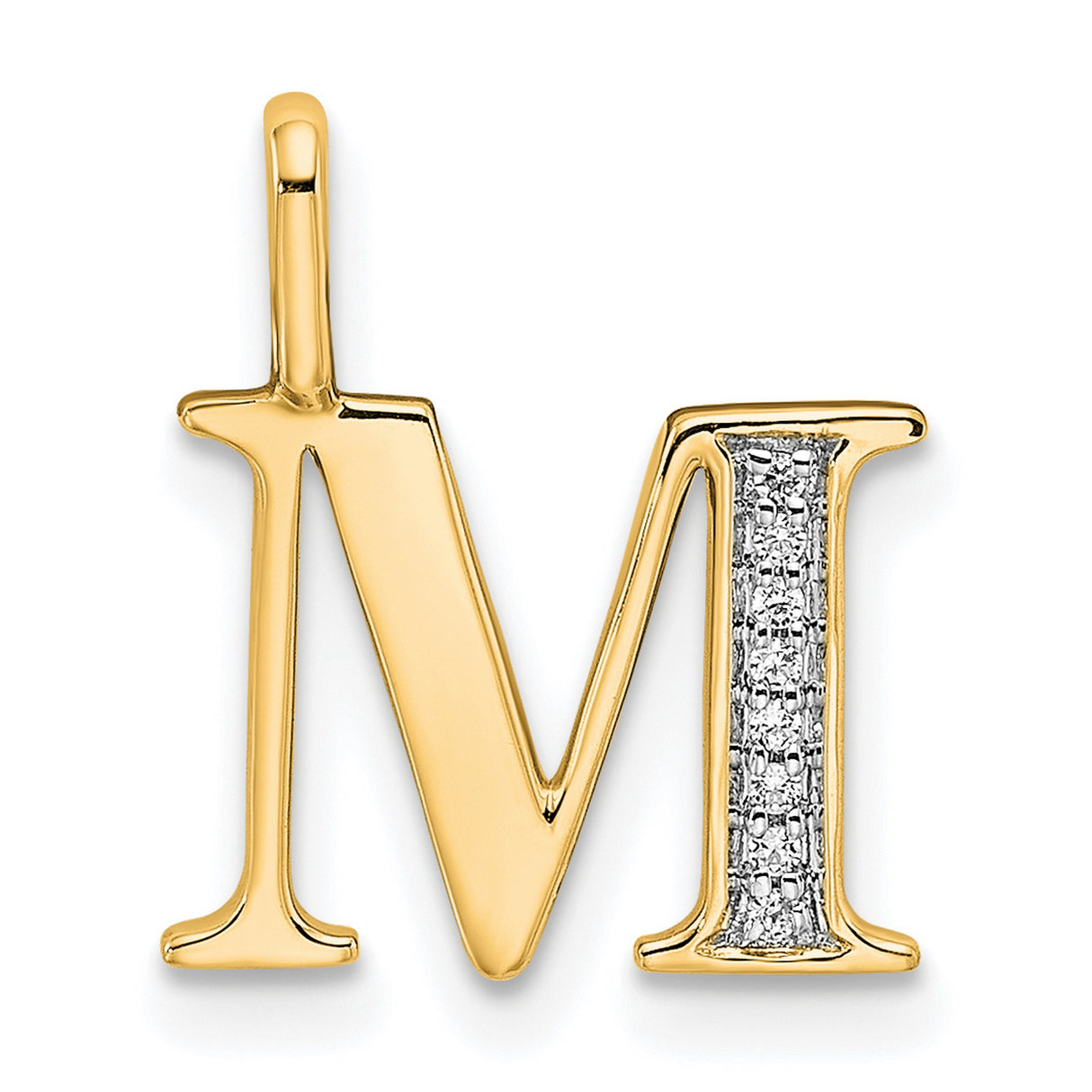 10k Yellow Gold Letter M Pendant with Diamond Accent, Pavé Texture, Polished Finish
