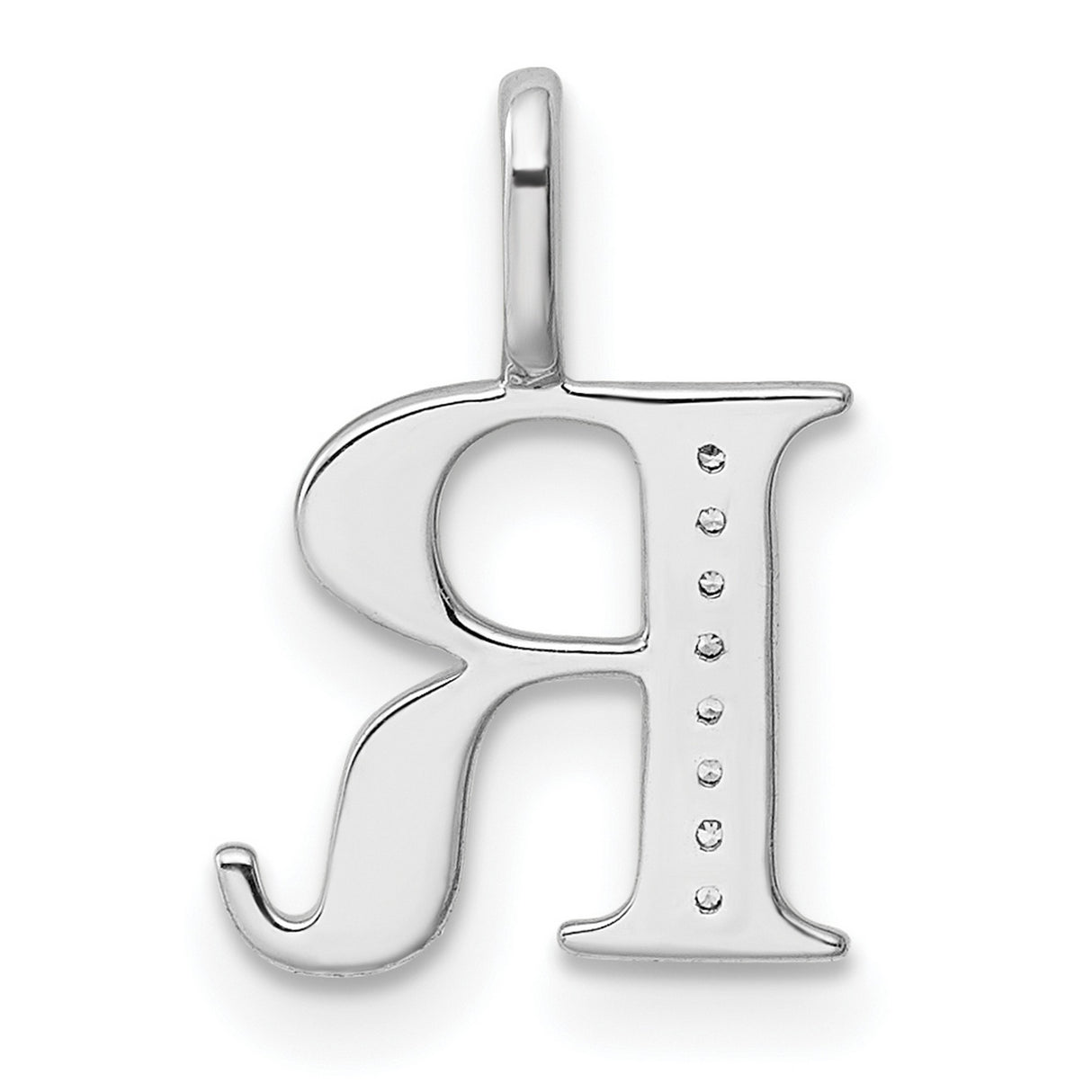 14k White Gold Letter R Pendant with Diamond Accents, Polished Vertical Stem Charm