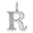 14k White Gold Letter R Pendant with Diamond Accents, Polished Vertical Stem Charm
