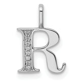 14k White Gold Letter R Pendant with Diamond Accents, Polished Vertical Stem Charm
