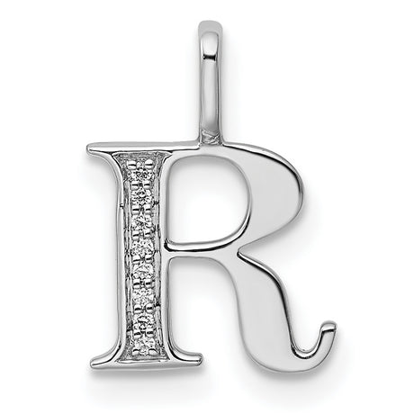 14k White Gold Letter R Pendant with Diamond Accents, Polished Vertical Stem Charm