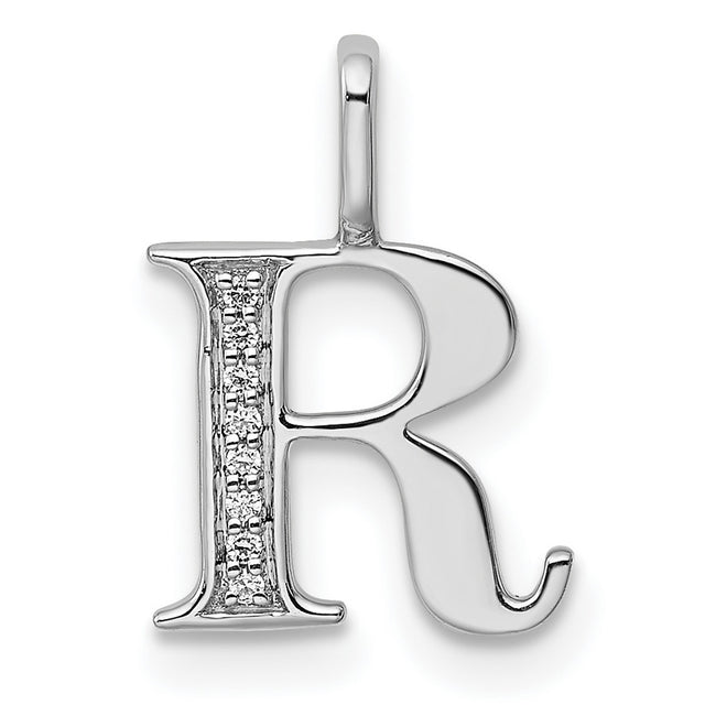 14k White Gold Letter R Pendant with Diamond Accents, Polished Vertical Stem Charm