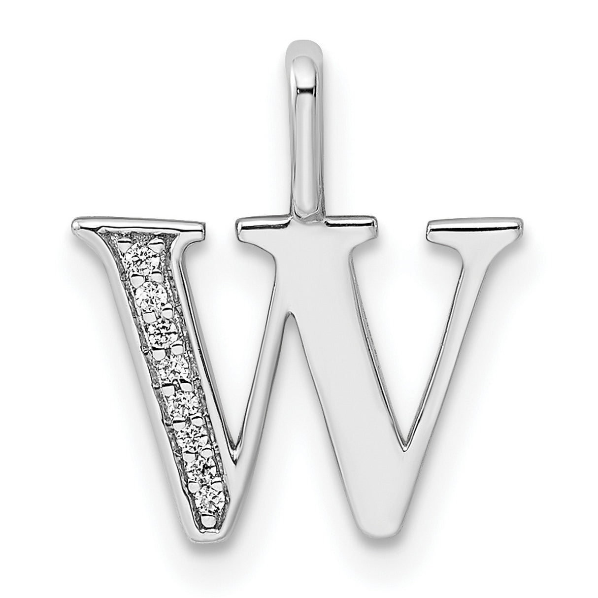 14k White Gold W Initial Pendant with Diamond Accent, Polished Letter Charm for Women