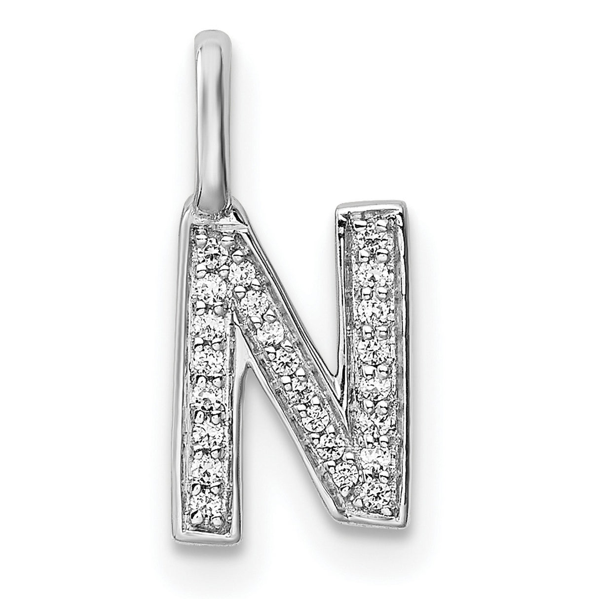 14k White Gold Diamond Initial N Pendant, Block Letter Pavé Charm for Women