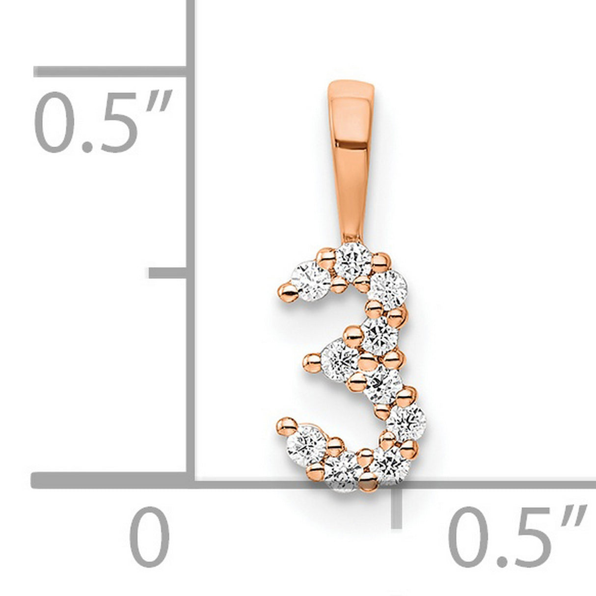 14k Rose Gold Number 3 Pendant with Round White Diamonds, Prong Set, Symbolic Charm for Women