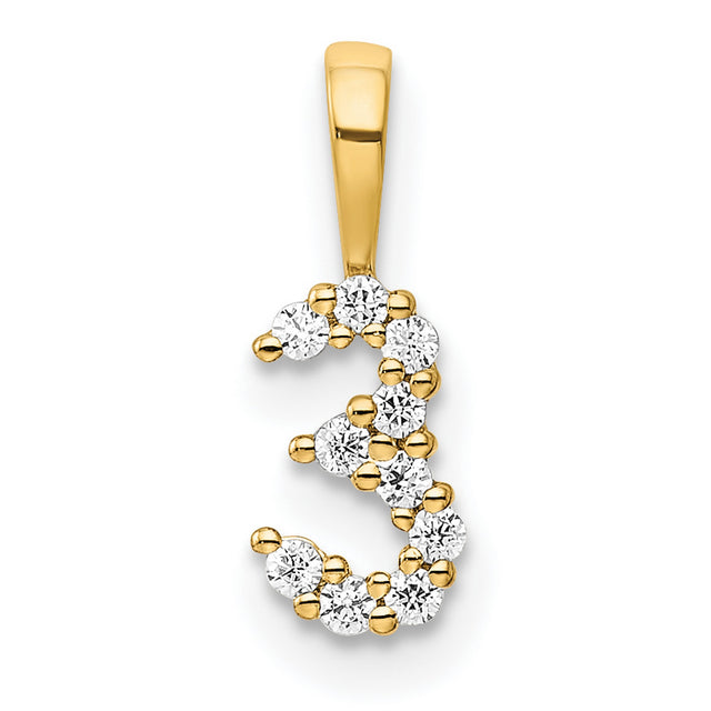 14k Yellow Gold Number 3 Pendant with Round Cut Clear Gemstones, Numeric Charm