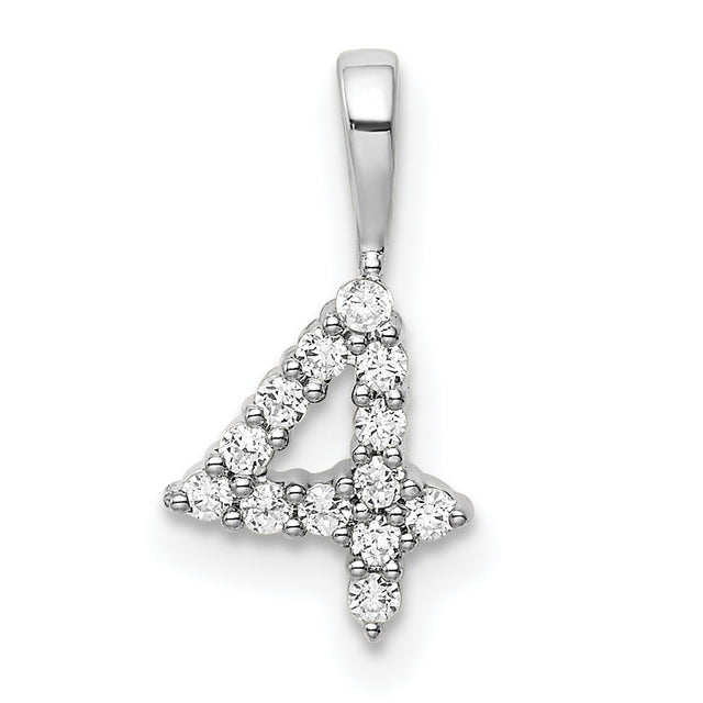 14k White Gold Number 4 Pendant with Round Diamond Accents, Numeric Charm for Women or Unisex Wear