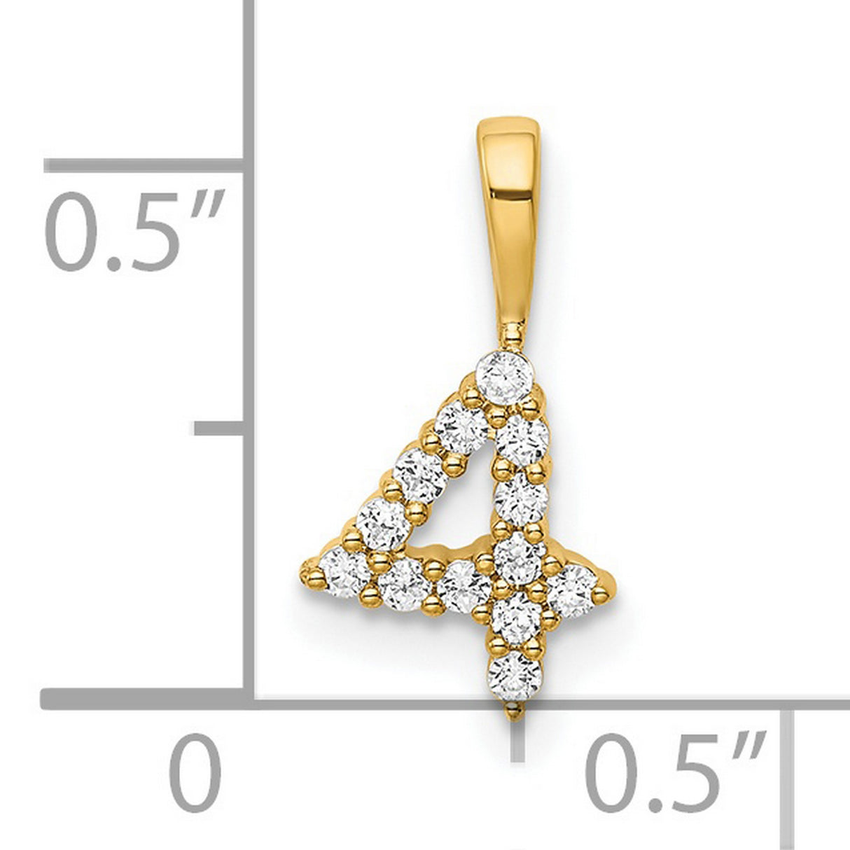 14k Yellow Gold Number 4 Pendant with Prong Set Round Cut White Stones, Polished Numeral Charm