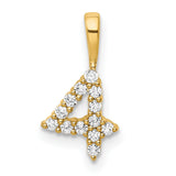 14k Yellow Gold Number 4 Pendant with Prong Set Round Cut White Stones, Polished Numeral Charm