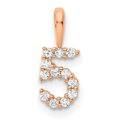 14k Rose Gold Number 5 Pendant with Round Cut White Gemstones in Prong Setting