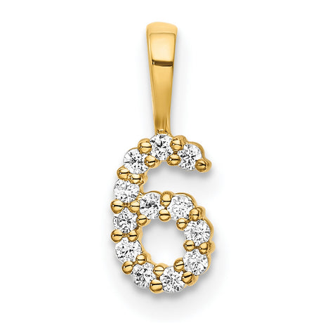 14k Yellow Gold Number 6 Pendant with Clear Round Cut Gemstones, Numeric Charm for Women