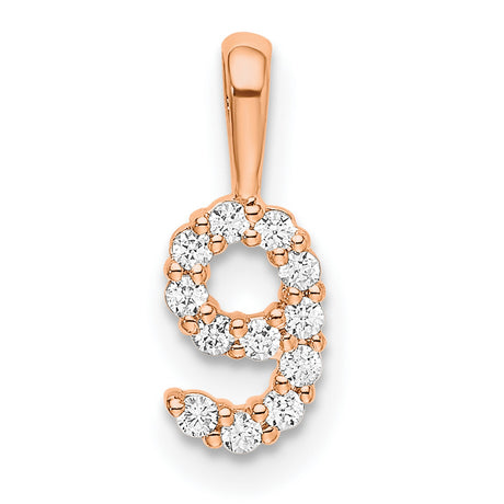 14k Rose Gold Number 9 Pendant with Prong Set Diamonds, Minimalist Numeric Charm