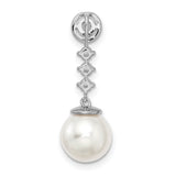 14k White Gold Dangle Earrings with Cultured Pearl and Cubic Zirconia, Vertical Drop Design