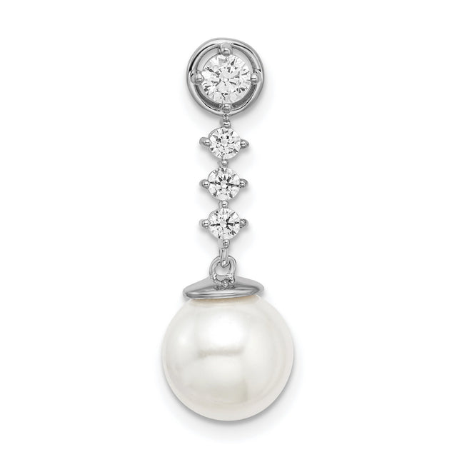 14k White Gold Dangle Earrings with Cultured Pearl and Cubic Zirconia, Vertical Drop Design