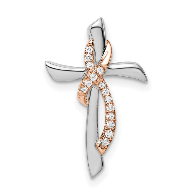 Cross with Ribbon Diamond Chain Slide Charm Pendant in Real 14k Multi-Tone Gold