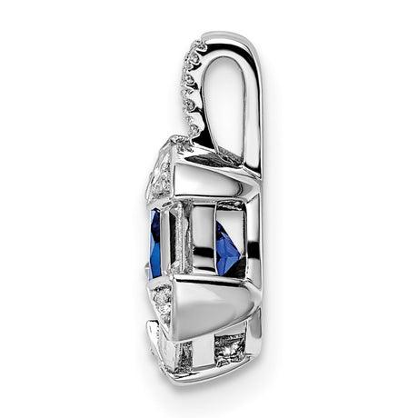 14k White Gold Pendant with Round Blue Sapphire, Baguette and Triangle Diamond Halo Design