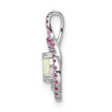 14k White Gold Pendant with Oval Opal, Pink Tourmaline, and Diamond Halo Swirl Design